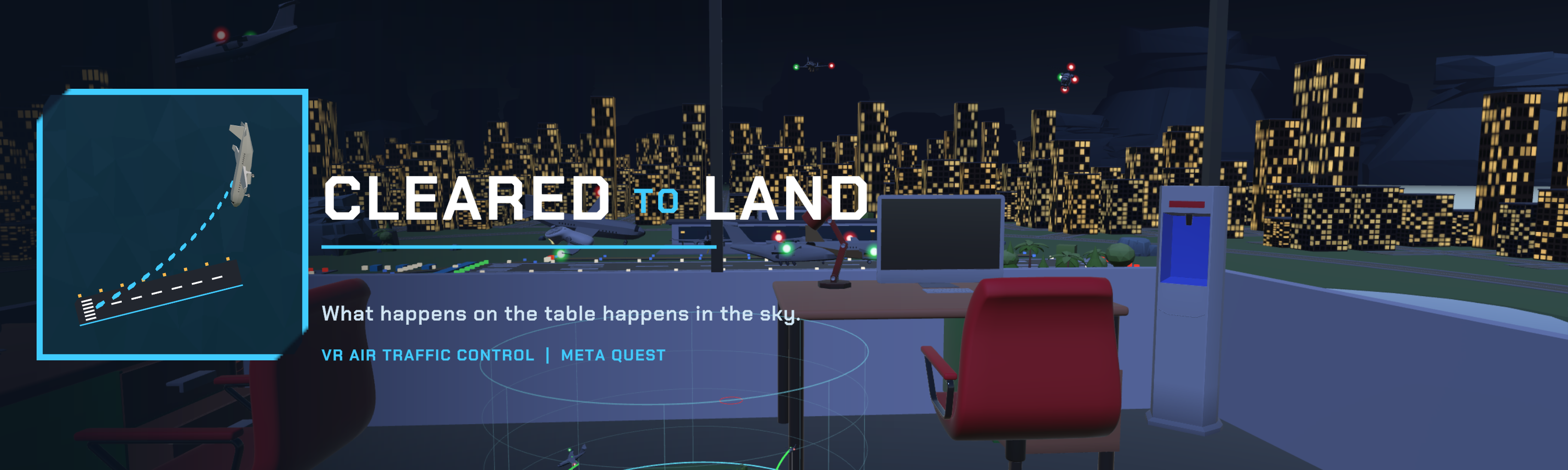 Cleared to Land: a glowing tabletop airport inside a control tower at night
