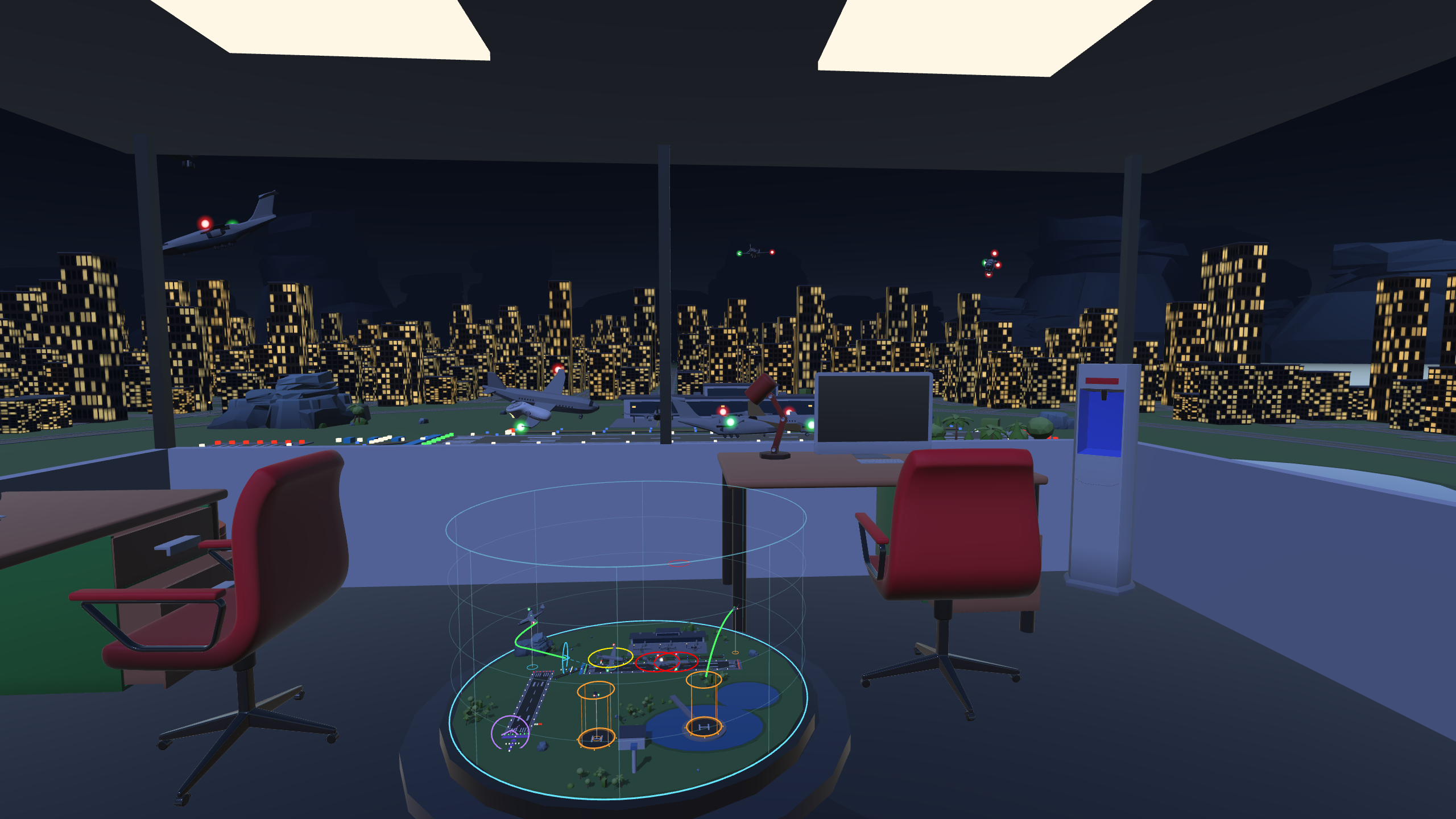 The tabletop airport and the night city skyline from inside the tower