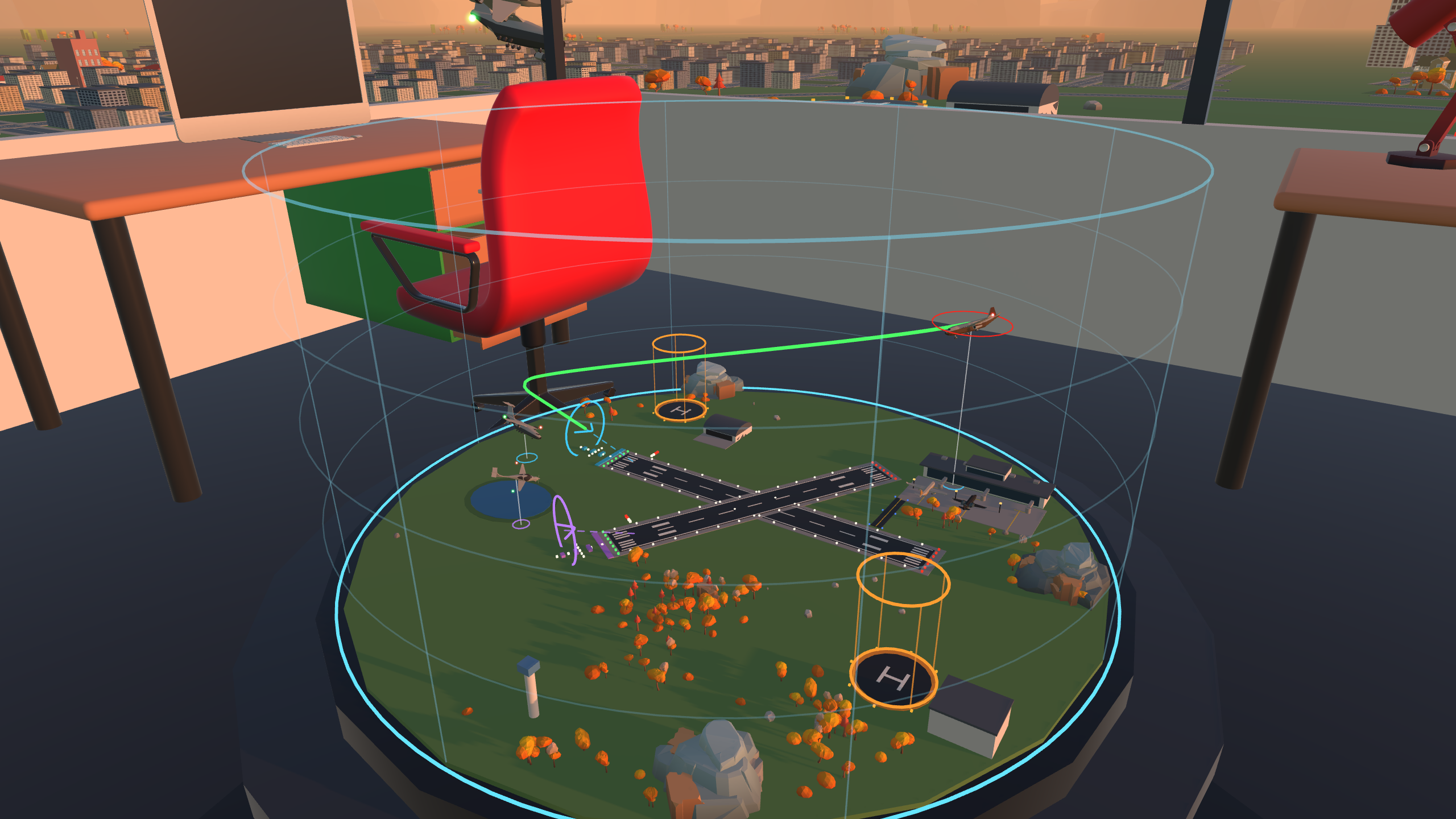 A green flight path drawn onto the runway on the tabletop